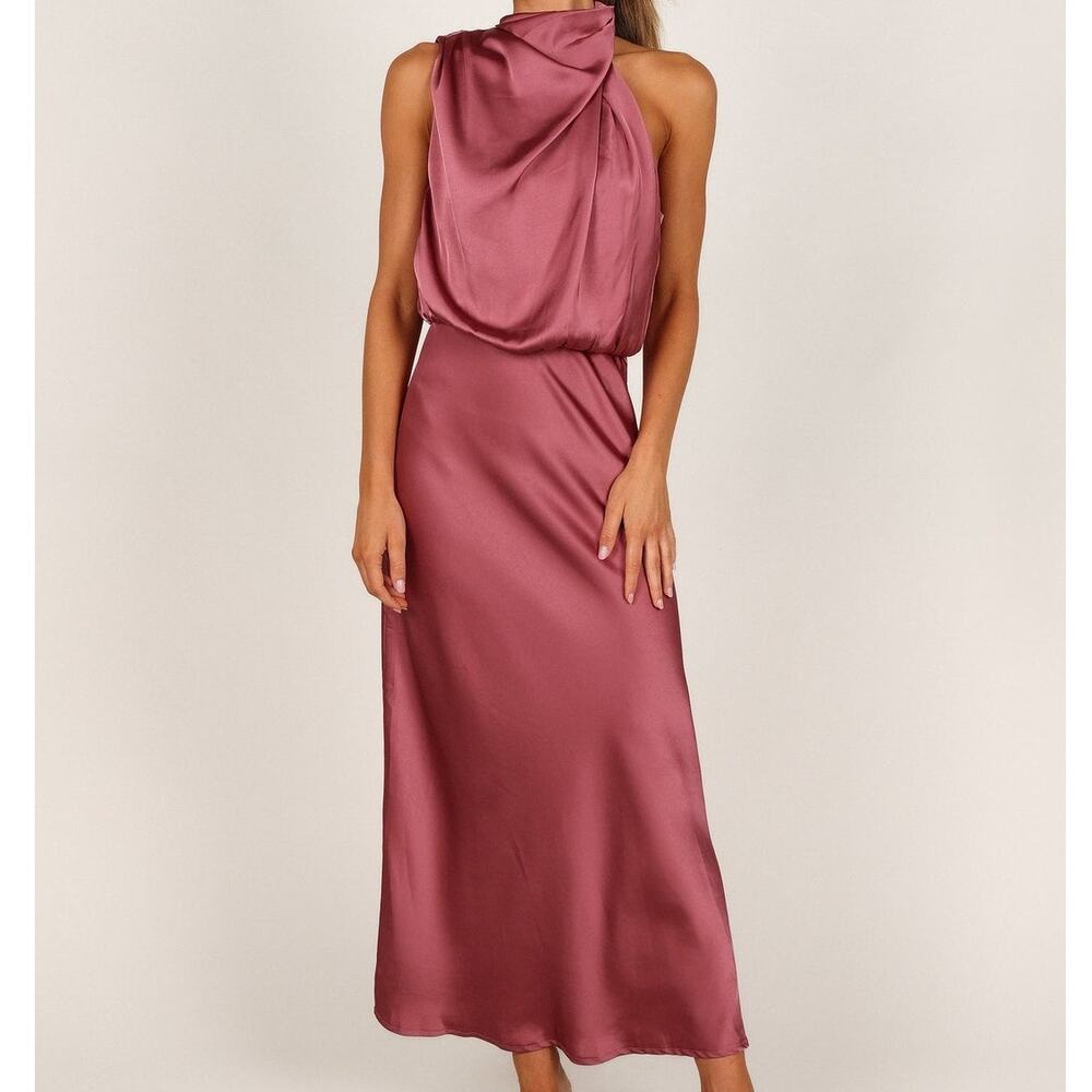 NWT Petal & Pup Anabelle Halter Neck Satin Midi Dress Size L in Dusty Pink